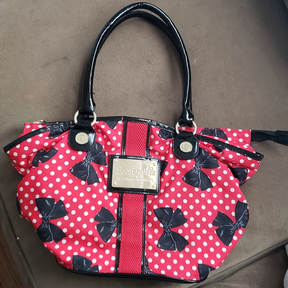 Betseyville Betsey Johnson Black Bows and White Polka Dots Red Handbag Purse